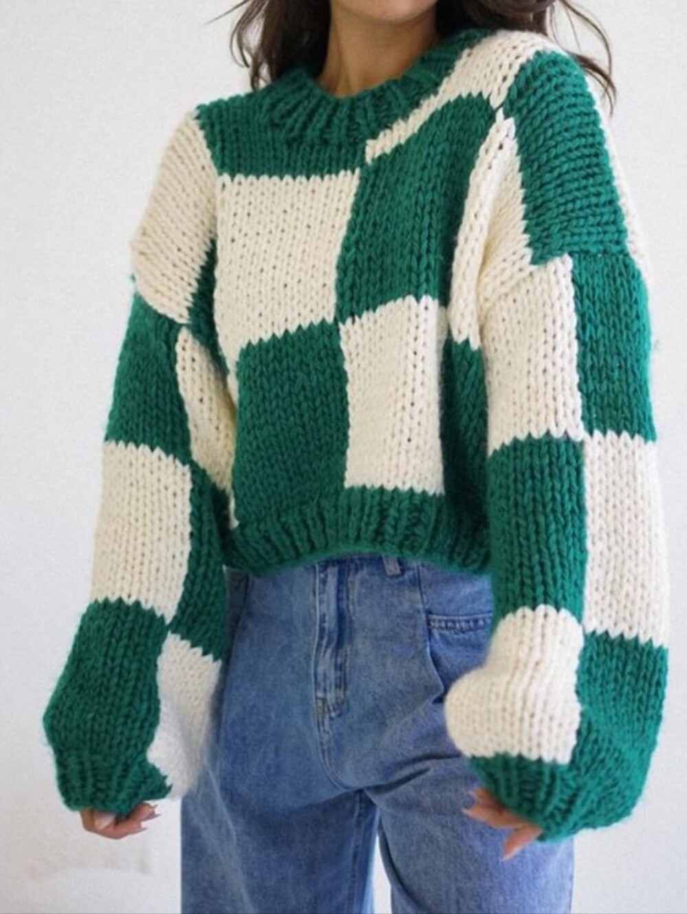 YLLW The Label Large Boho Chunky Checkerboard Sweater Green Cream Oversized Knit